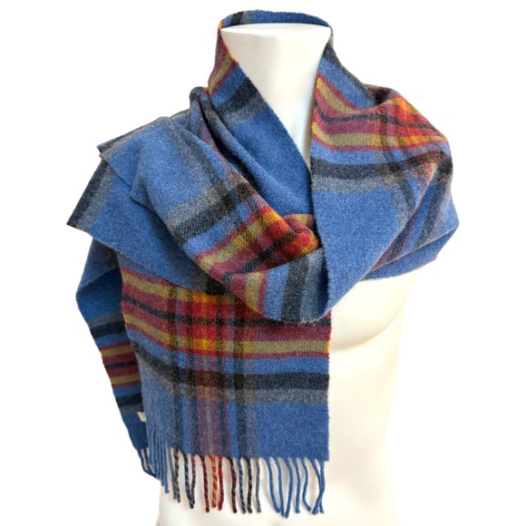 John Hanly & Co. 100% Lambswool Tartan Scarf  🇮🇪– Blue, Red & Yellow Plaid - Picture 1 of 8
